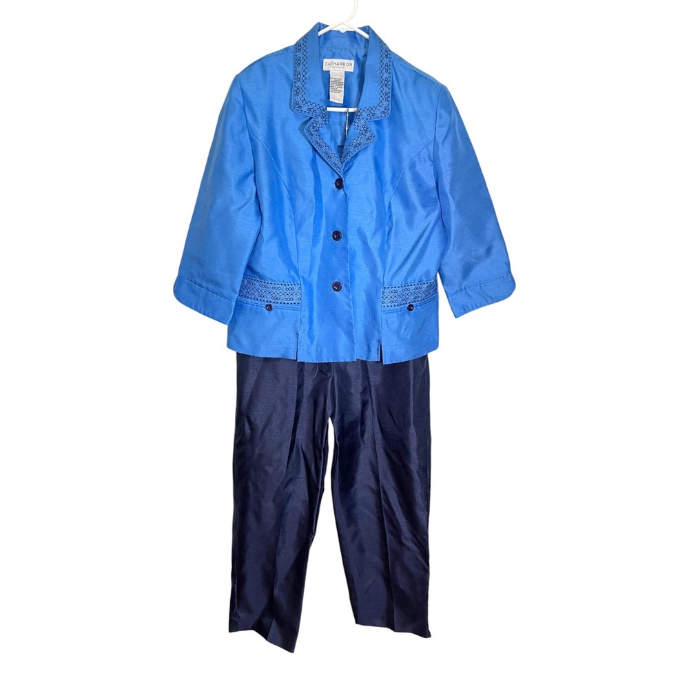 2pc Sag Harbor 14P Blue Navy Pant Suit Set Eyelet Embroidered Officecore Career